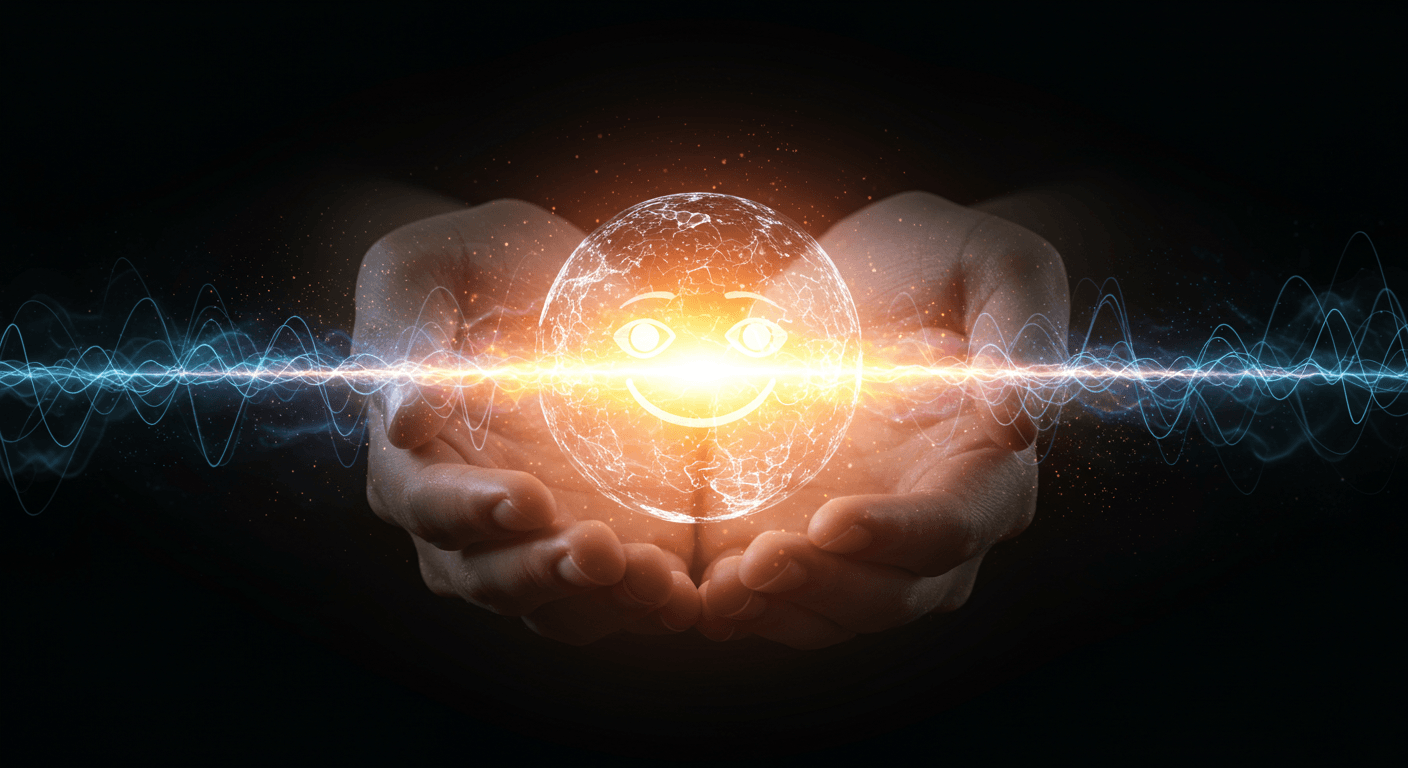 Mãos segurando esfera luminosa com sorriso e ondas de energia, simbolizando acolhimento dos sentimentos e transformação em equilíbrio.