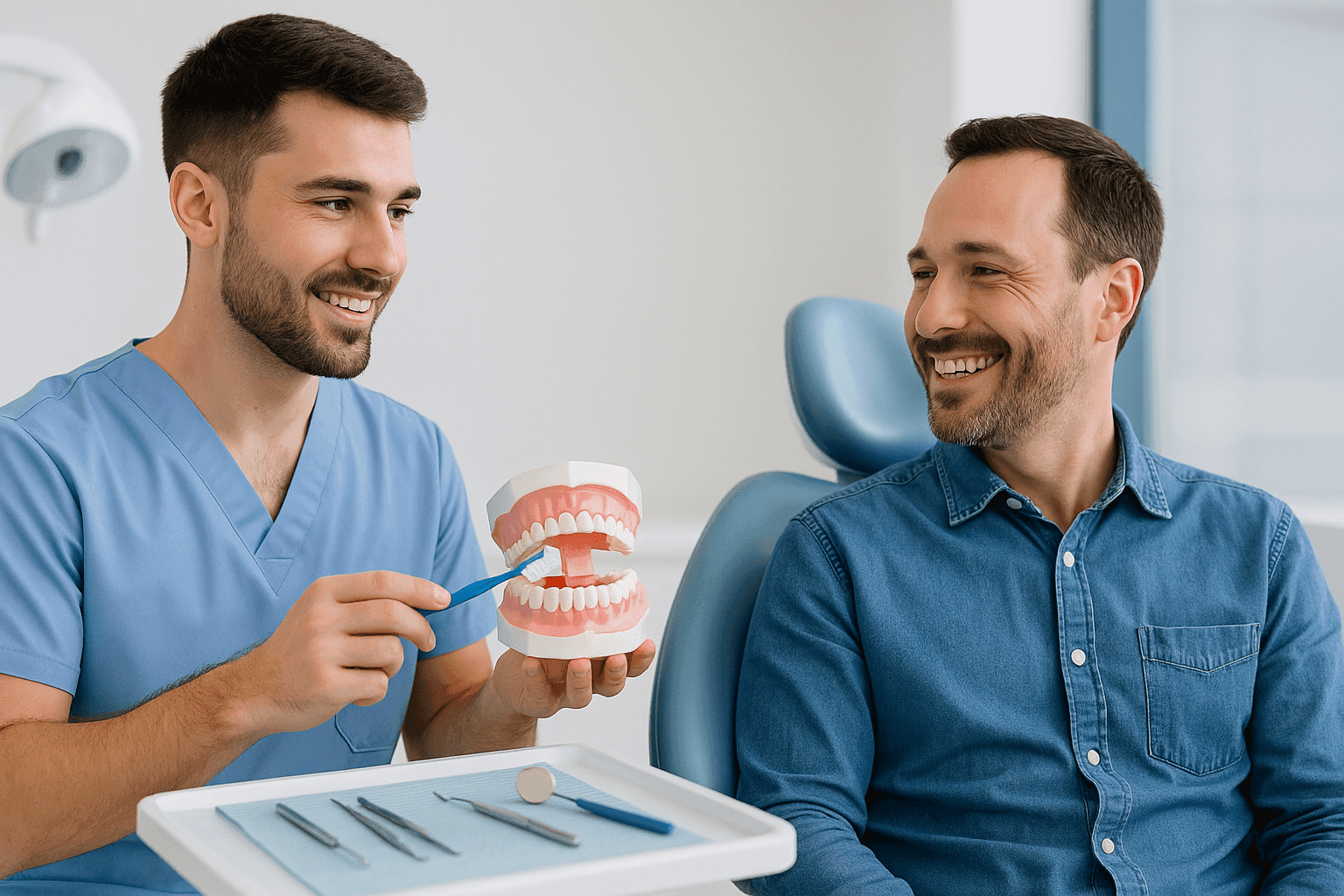 Dentista en Clínica Dental RM de Montequinto, Sevilla, enseñando técnica de cepillado dental a un paciente Dentista en Clínica Dental RM de Montequinto, Sevilla, enseñando técnica de cepillado dental a un paciente