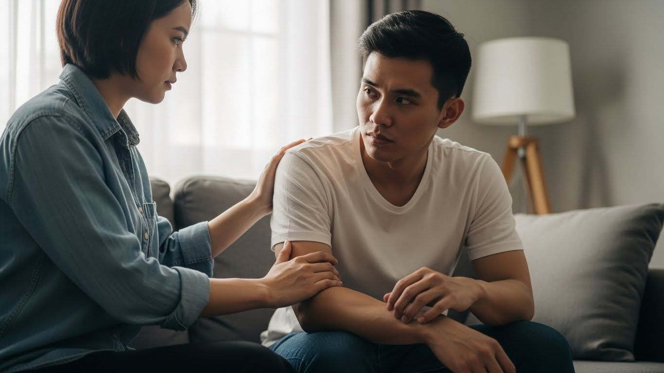 Mulher oferece apoio tocando o braço de um homem pensativo, cena que simboliza dificuldade em aceitar ajuda e afeto nos relacionamentos.