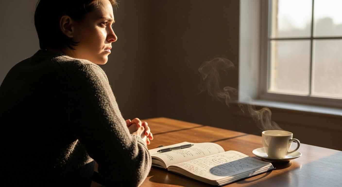 Pessoa sentada à mesa próxima a uma janela, com caderno aberto e caneca de café soltando vapor, olhando pensativa para a luz do dia em um ambiente silencioso e minimalista.