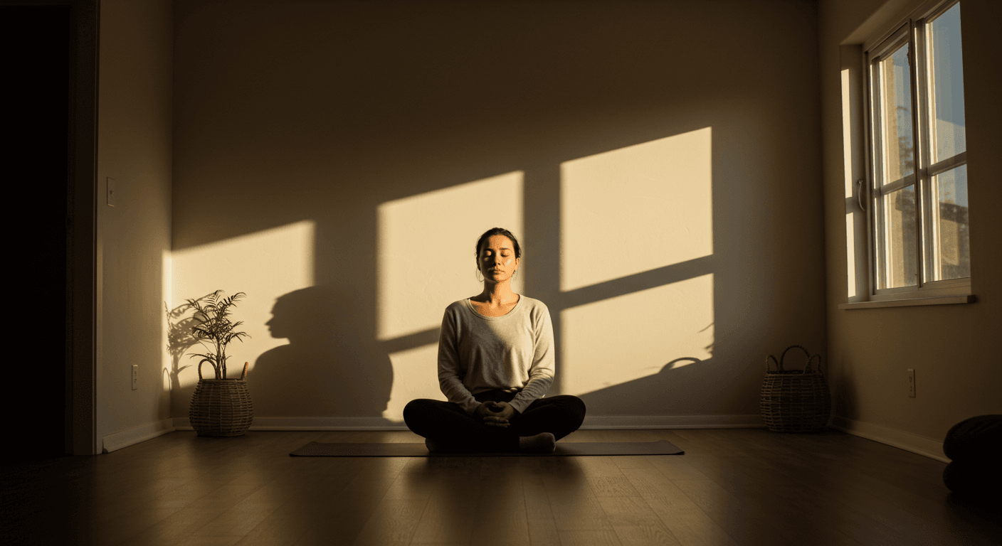 Mulher sentada em posição de meditação em uma sala iluminada pelo sol da tarde, com olhos fechados e expressão serena.