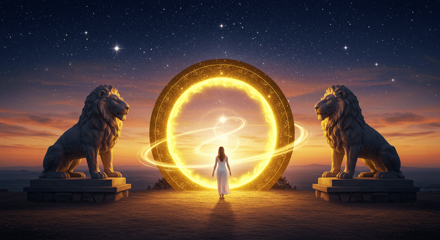 Mulher de branco diante de um portal dourado entre dois leões, sob um céu estrelado ao amanhecer. Representa o despertar espiritual do portal 08/08 e a energia da prosperidade.