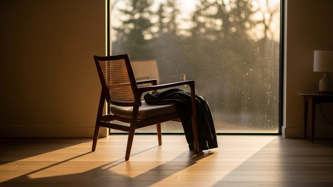 Cadeira vazia próxima a uma janela com luz suave do entardecer, um casaco apoiado sobre o assento, simbolizando pausa, ausência silenciosa e cansaço emocional no fim do ano.