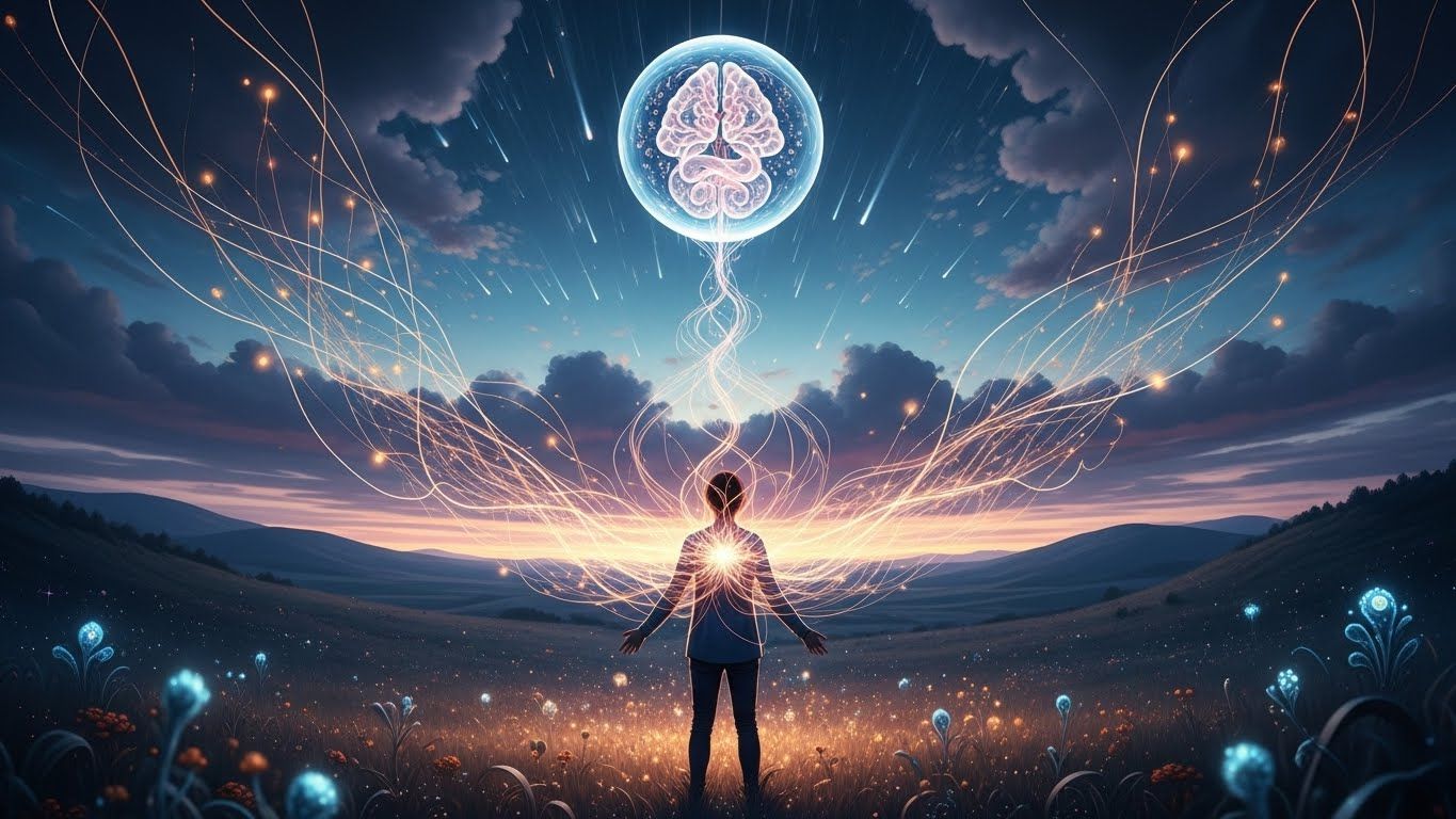 Pessoa em um campo aberto com fios luminosos saindo do peito e conectando a um cérebro brilhante flutuando no céu, em paisagem surreal ao entardecer.