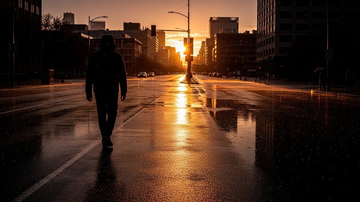 Silhueta caminhando sozinha em rua molhada ao entardecer, representando solidão emocional, desgaste interno e o peso de seguir em frente sem apoio. Silhueta caminhando sozinha em rua molhada ao entardecer, representando solidão emocional, desgaste interno e o peso de seguir em frente sem apoio.