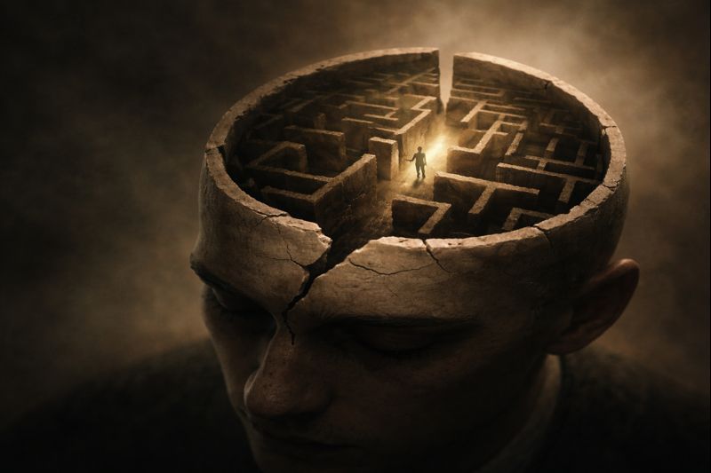 Ilustração surreal de uma cabeça humana aberta no topo, revelando um labirinto de pedra em seu interior, com uma pequena figura caminhando em direção a uma luz, simbolizando conflito mental e culpa.