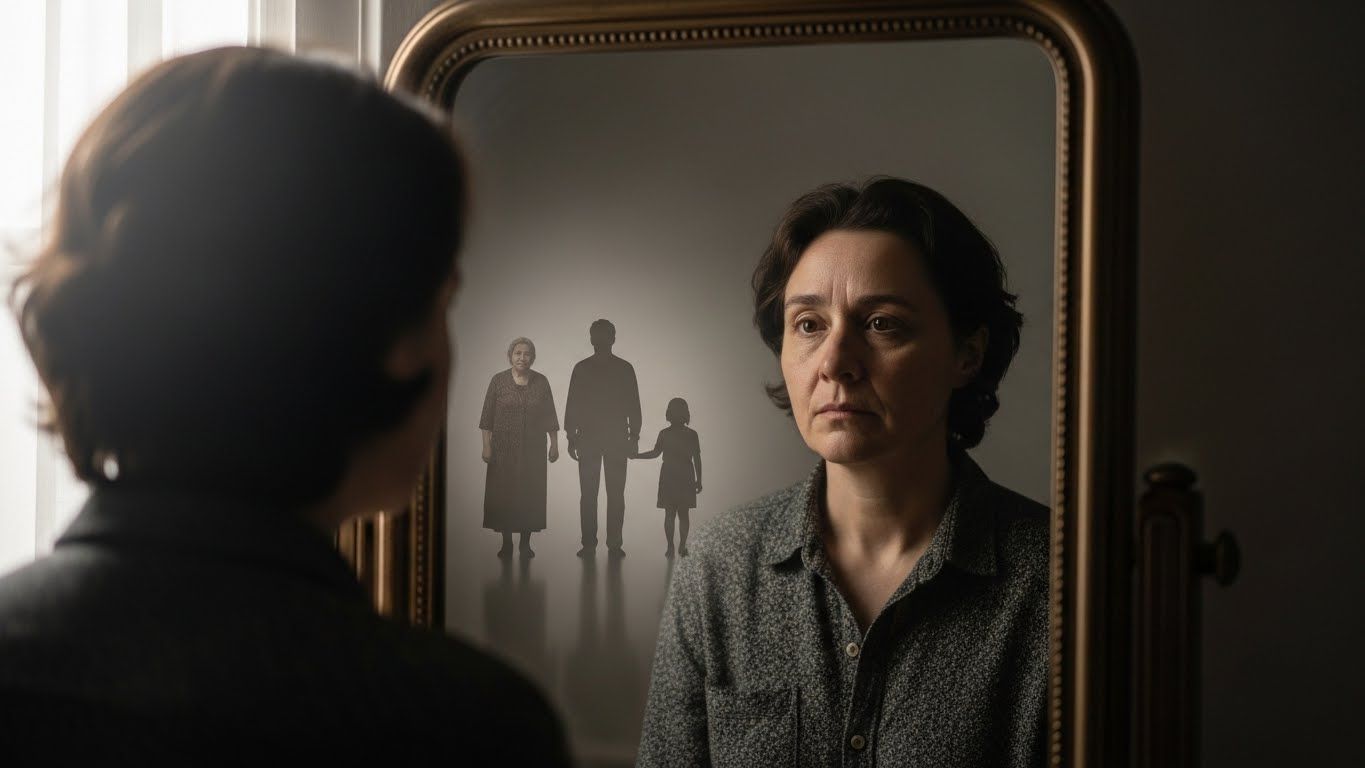 Mulher diante do espelho vê silhuetas familiares refletidas, indicando padrões herdados que influenciam o medo de receber amor e abundância.