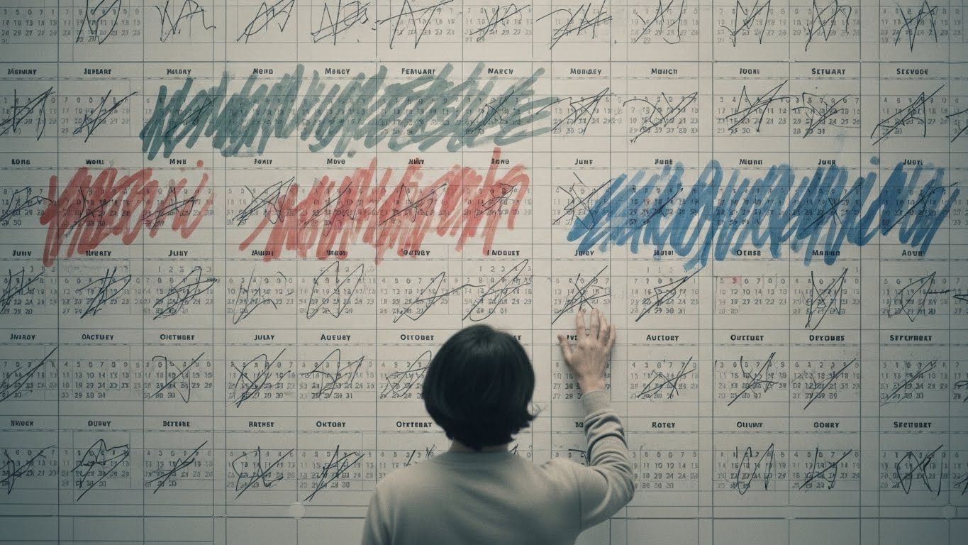 Pessoa diante de um grande calendário rabiscado, tocando datas antigas, simbolizando padrões emocionais repetidos, memórias familiares inconscientes e sentimentos que atravessam gerações. Pessoa diante de um grande calendário rabiscado, tocando datas antigas, simbolizando padrões emocionais repetidos, memórias familiares inconscientes e sentimentos que atravessam gerações.
