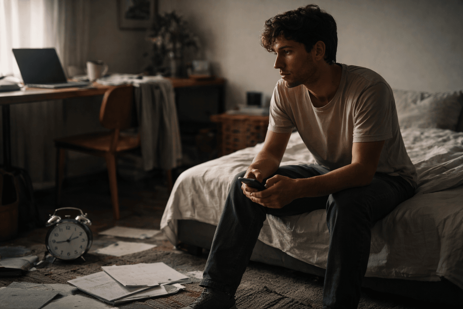 Homem sentado na cama em um quarto desorganizado, segurando o celular, com papéis espalhados no chão e despertador ao lado, transmitindo sensação de adiamento e cansaço mental.