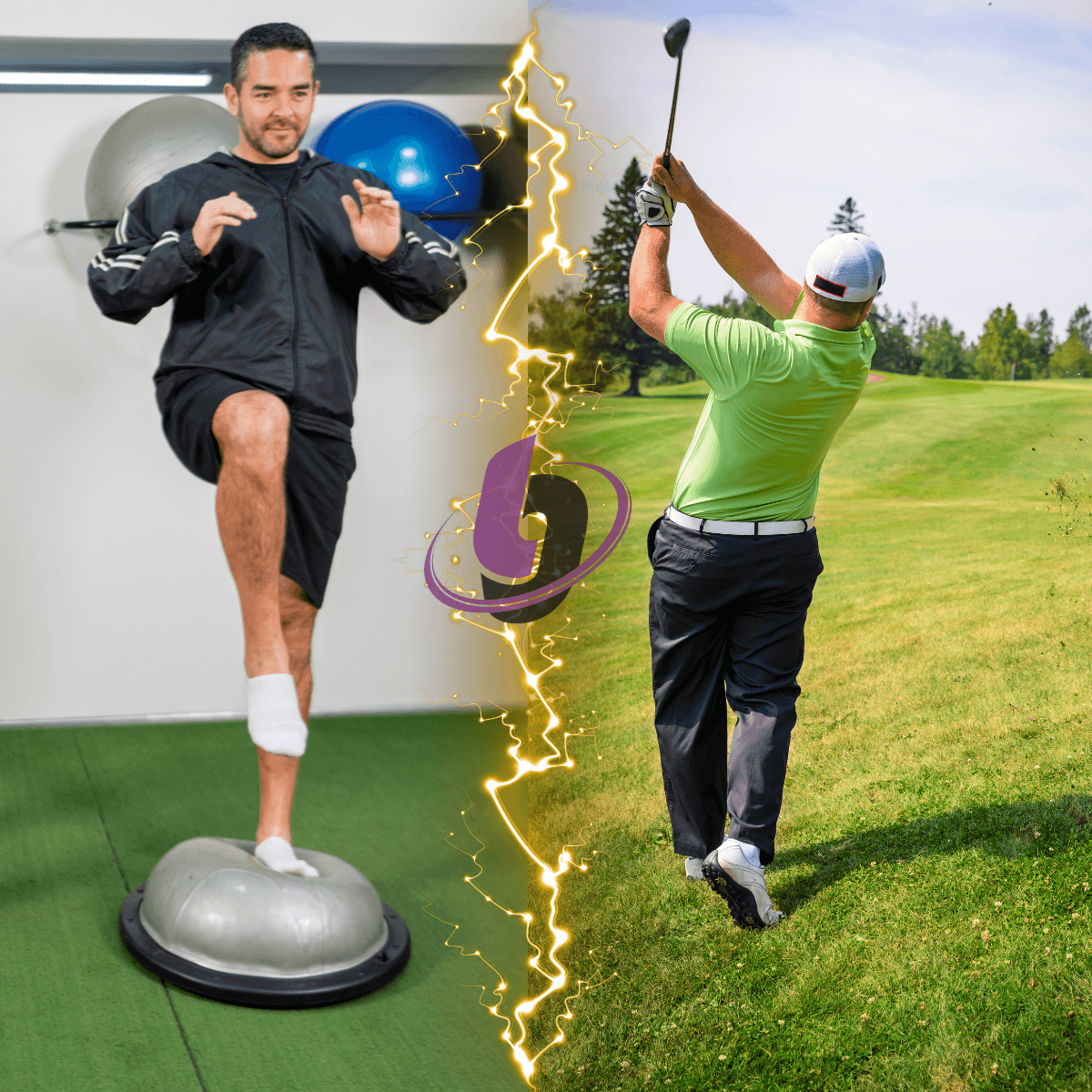 Male athlete on bosu ball and aMale hitting a golf ball