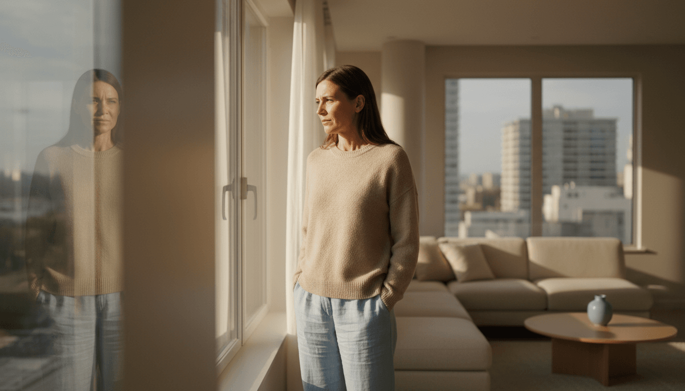 Mulher de pé ao lado de uma janela em apartamento moderno, olhando para fora com expressão reflexiva, luz natural da manhã iluminando a sala e prédios ao fundo. Mulher de pé ao lado de uma janela em apartamento moderno, olhando para fora com expressão reflexiva, luz natural da manhã iluminando a sala e prédios ao fundo.