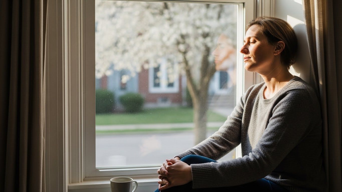 Mulher sentada junto à janela com olhos fechados, buscando respirar e recuperar energia, representando autocuidado, reconstrução emocional e alívio após exaustão. Mulher sentada junto à janela com olhos fechados, buscando respirar e recuperar energia, representando autocuidado, reconstrução emocional e alívio após exaustão.