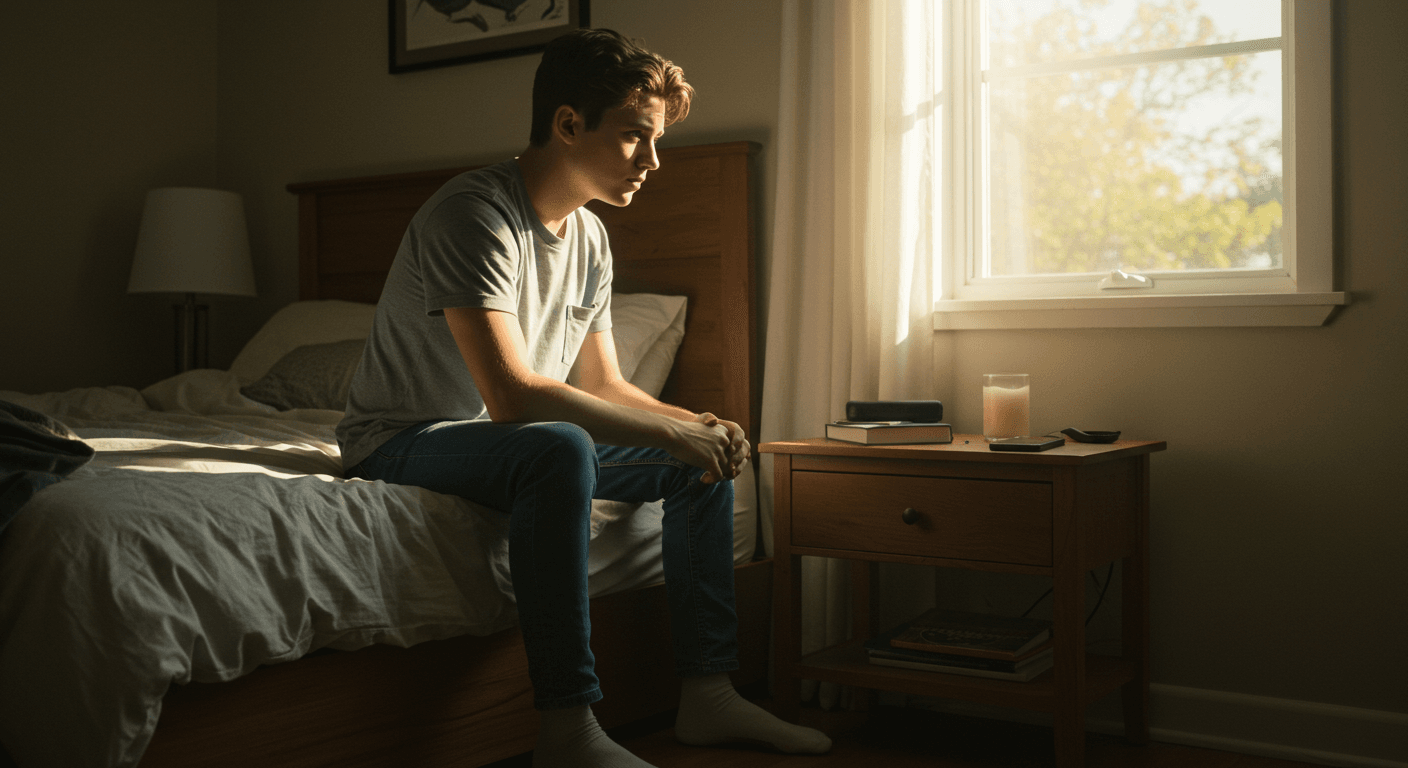 Jovem sentado na cama ao amanhecer, pensativo, com luz natural entrando pela janela. Cena transmite introspecção e pausa para reflexão. Jovem sentado na cama ao amanhecer, pensativo, com luz natural entrando pela janela. Cena transmite introspecção e pausa para reflexão.
