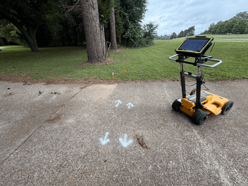 GPR cart scanning for underground utilities on a Texas job site GPR cart scanning for underground utilities on a Texas job site