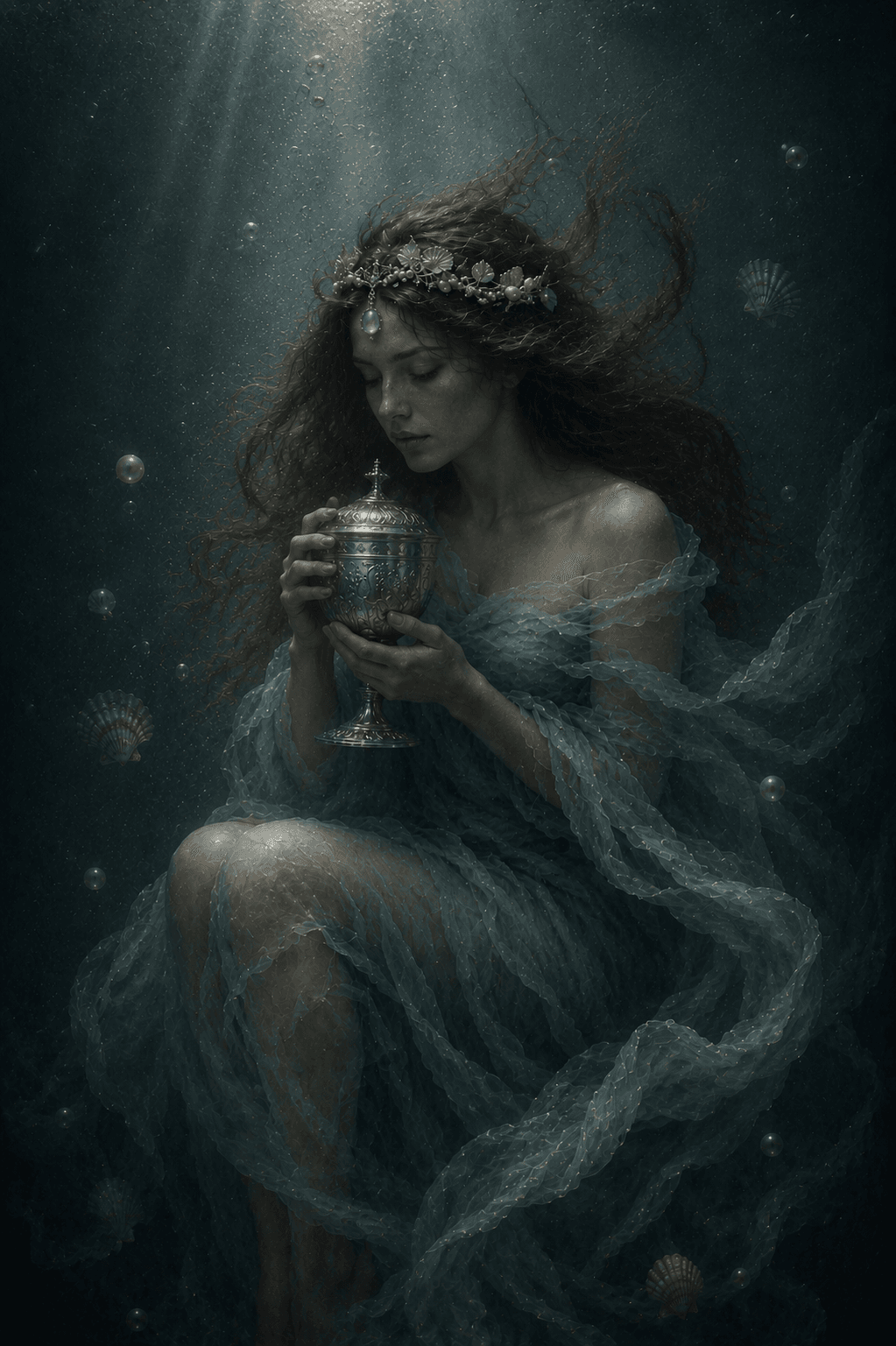 The Queen of Cups — a sovereign holding her covered cup at the edge of the sea