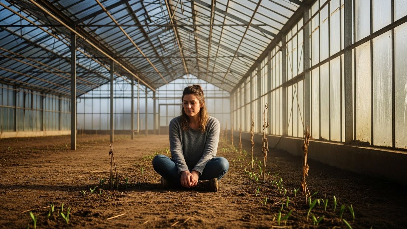 Mulher sentada no chão de uma estufa vazia, entre plantas secas e brotos nascendo, simbolizando o início da reconstrução emocional e energética após um relacionamento desgastante.