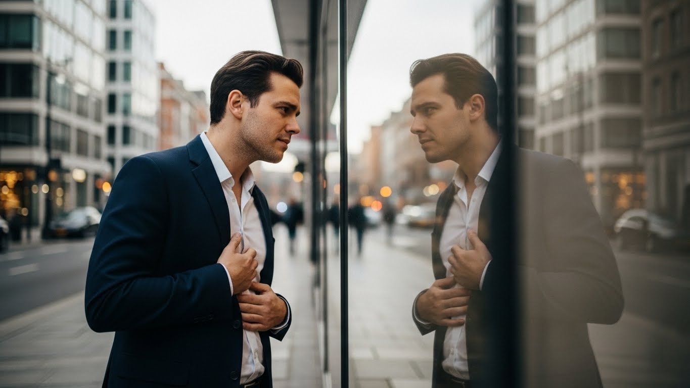 Homem olhando para o próprio reflexo no vidro, com a mão no peito, representando o conflito entre emoções autênticas e sentimentos herdados que moldam a identidade emocional. Homem olhando para o próprio reflexo no vidro, com a mão no peito, representando o conflito entre emoções autênticas e sentimentos herdados que moldam a identidade emocional.