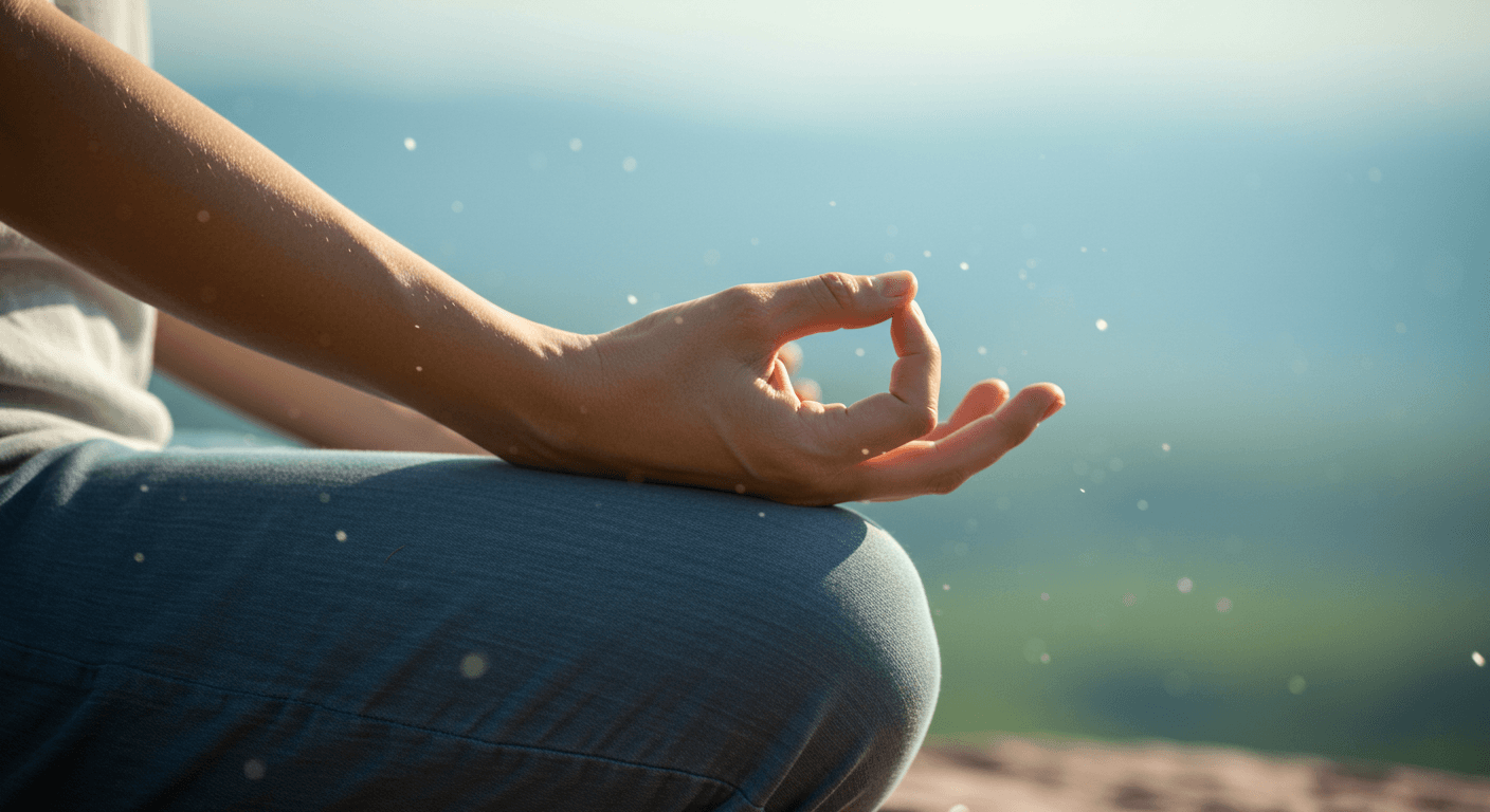 Mão em posição de meditação sobre o joelho, com partículas de luz flutuando no ar e fundo desfocado.