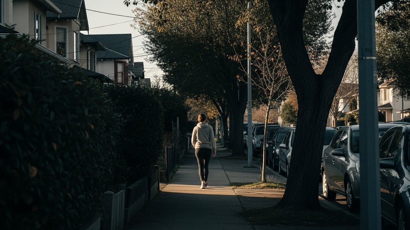 Pessoa caminhando sozinha por uma calçada residencial arborizada, em um fim de tarde tranquilo, representando seguir em frente apesar do cansaço emocional acumulado.