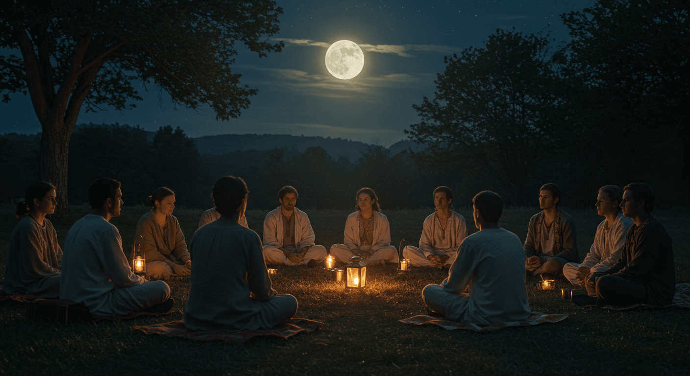 Pessoas reunidas em círculo ao ar livre, iluminadas por lanternas, sob a luz de uma lua cheia brilhante no céu noturno.