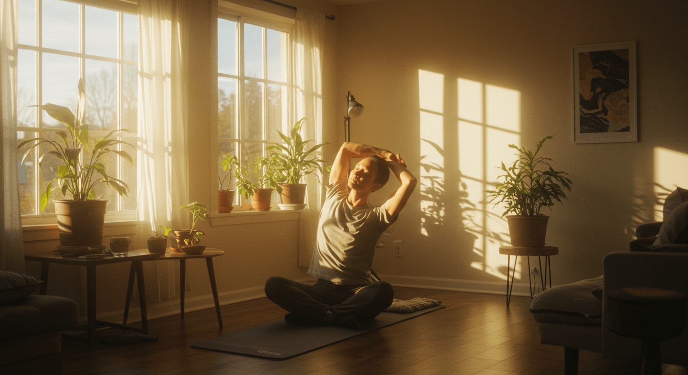 Pessoa sentada em tapete de yoga dentro de uma sala iluminada pelo sol da manhã, cercada por plantas em vasos junto à janela.