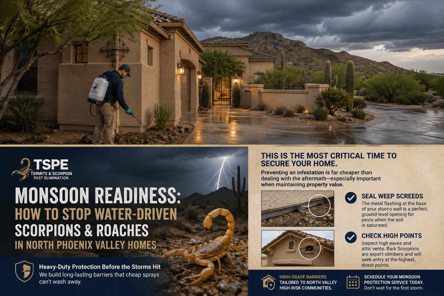 North Phoenix luxury desert home during monsoon weather as a pest-control technician treats the exterior perimeter, paired with a TSPE Monsoon Readiness guide highlighting scorpion and roach prevention, weep screeds, attic vents, and heavy-duty storm-resistant pest protection.