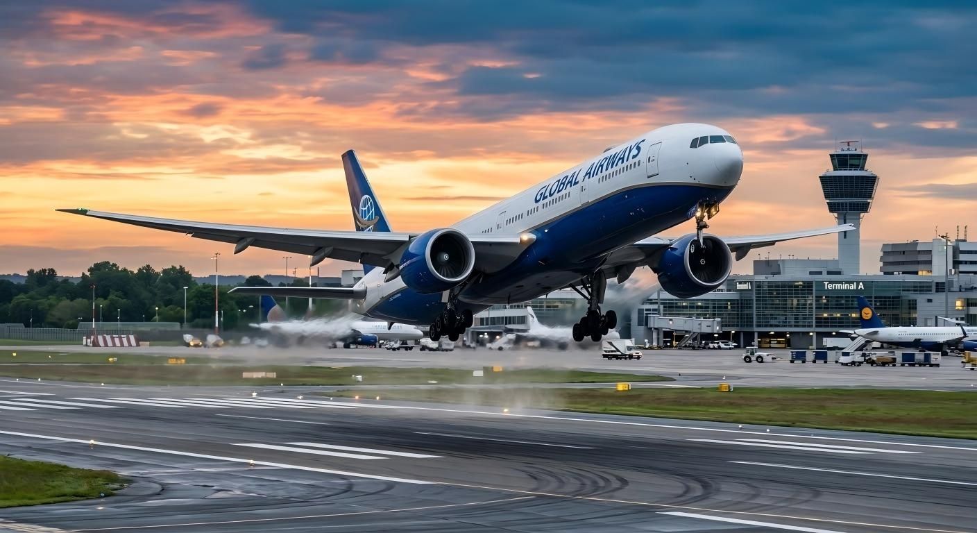 Passenger airplane landing at sunset