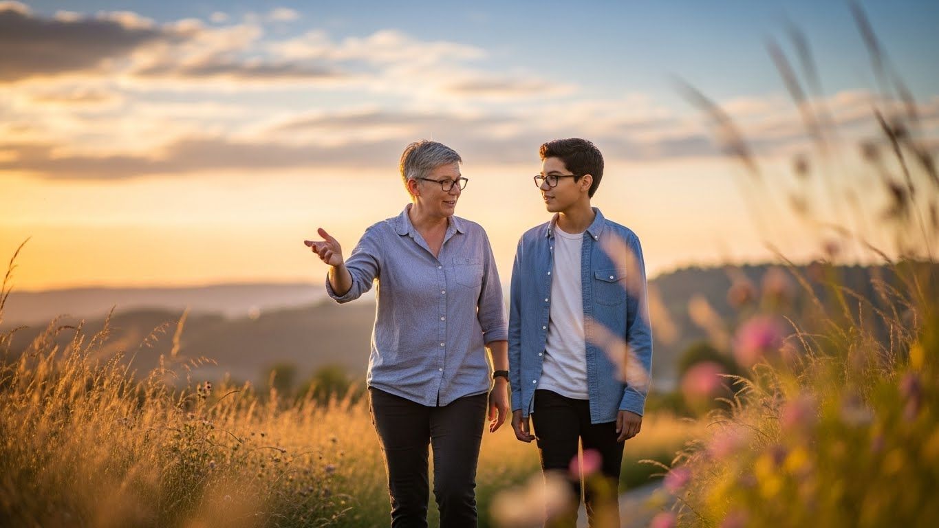 Pessoa mais velha caminhando ao lado de uma pessoa jovem em um campo ao pôr do sol, em conversa tranquila, simbolizando mentoria, troca de experiências e crescimento conjunto.