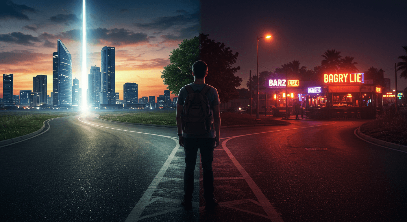 Homem em uma encruzilhada entre cidade iluminada que simboliza prosperidade e bar noturno com luzes de neon, representando escolhas de vida.