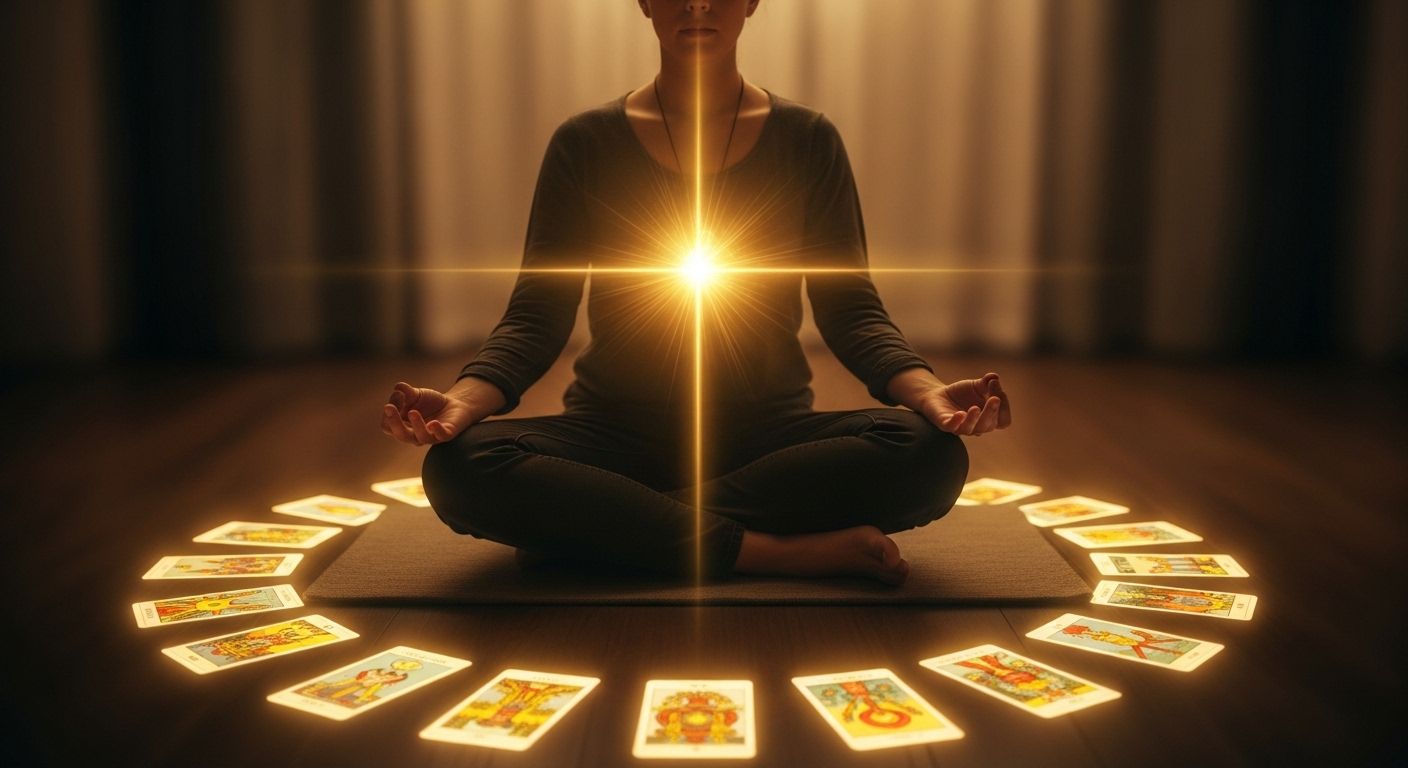 Pessoa em meditação com cartas de tarô dispostas em círculo ao redor, irradiando luz do coração, representando autoconhecimento e cura através do tarô terapêutico. Pessoa em meditação com cartas de tarô dispostas em círculo ao redor, irradiando luz do coração, representando autoconhecimento e cura através do tarô terapêutico.