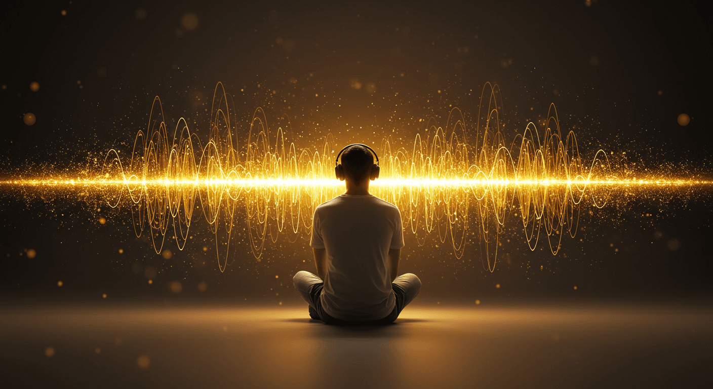 Pessoa com fones de ouvido meditando diante de ondas douradas de som, representando música elevando a vibração e energia interior. Pessoa com fones de ouvido meditando diante de ondas douradas de som, representando música elevando a vibração e energia interior.
