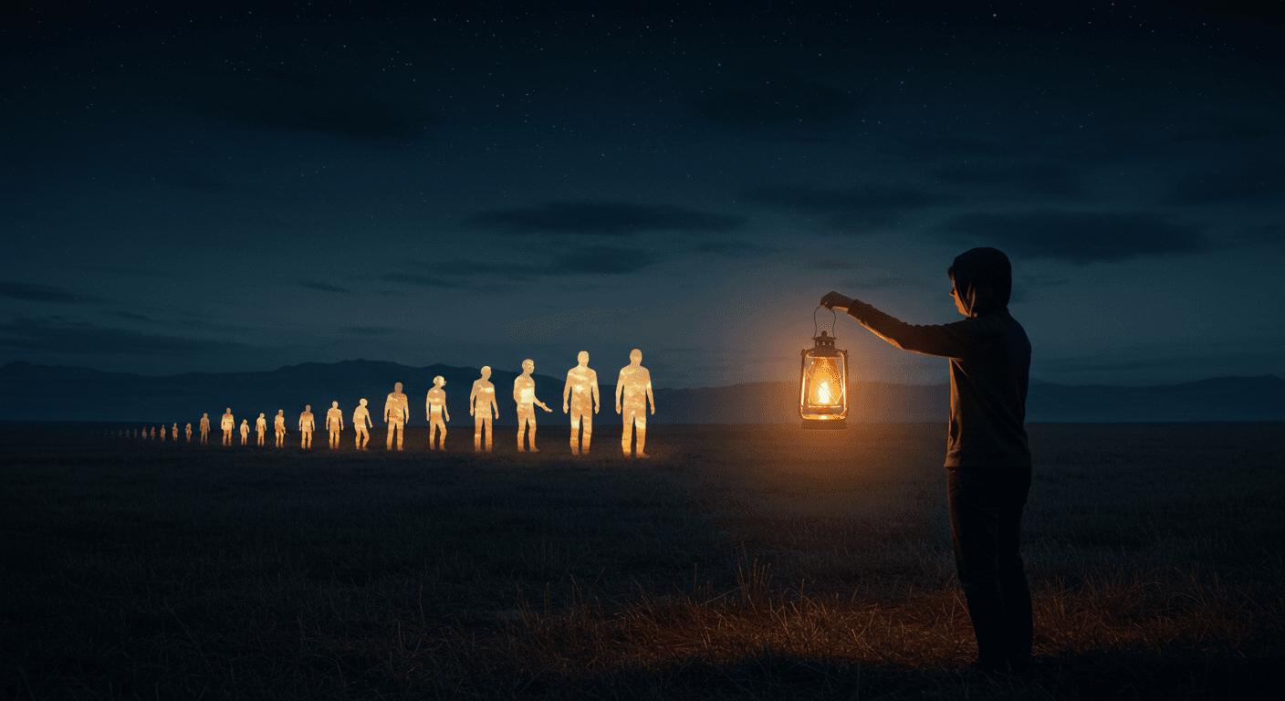 Figura segurando uma lanterna iluminando ancestrais em silhuetas brilhantes no horizonte, simbolizando libertação e novos caminhos.