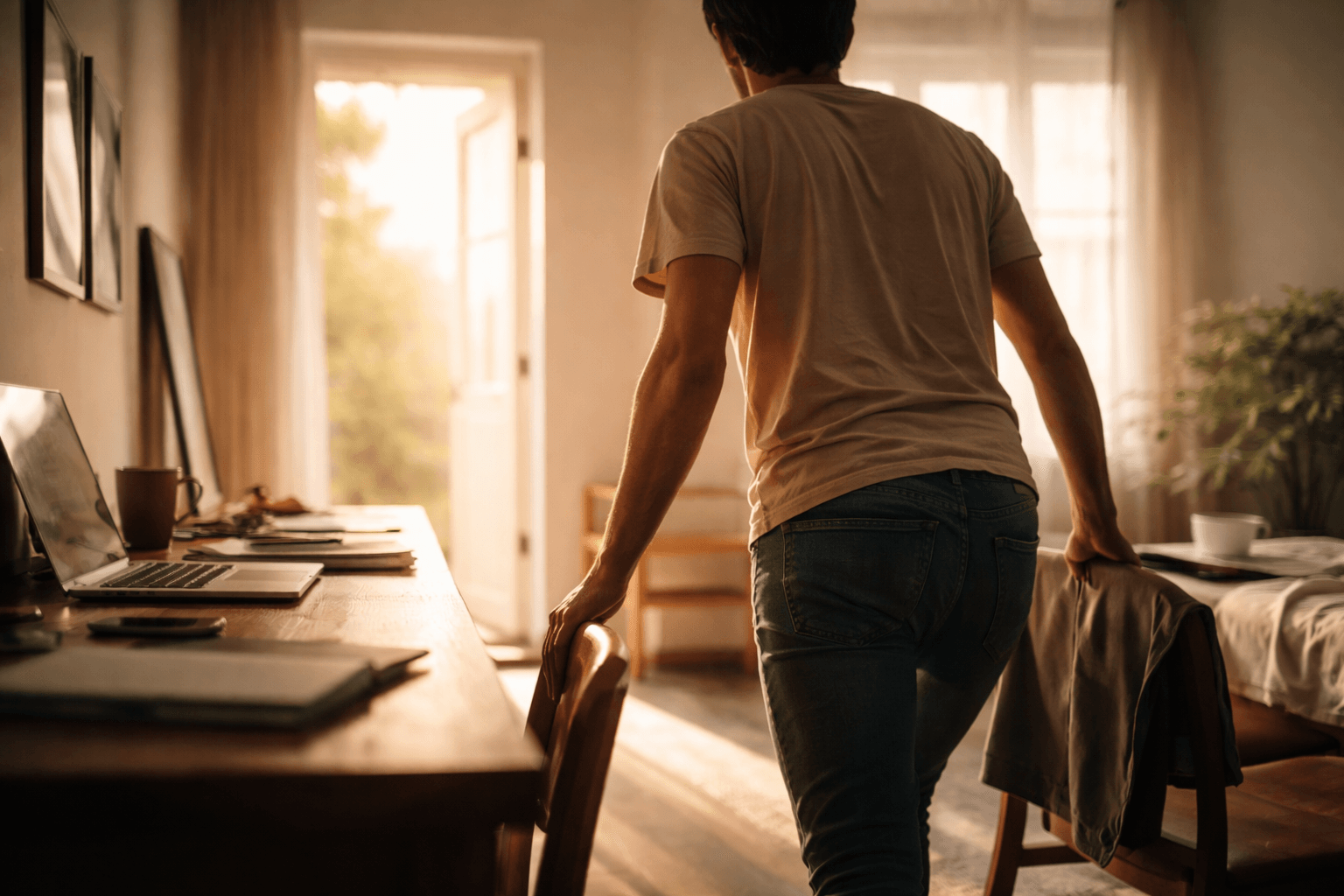 Pessoa se levantando de uma cadeira em um quarto iluminado pelo sol da manhã, com mesa de trabalho ao lado e porta aberta ao fundo, sugerindo movimento, decisão e recomeço.