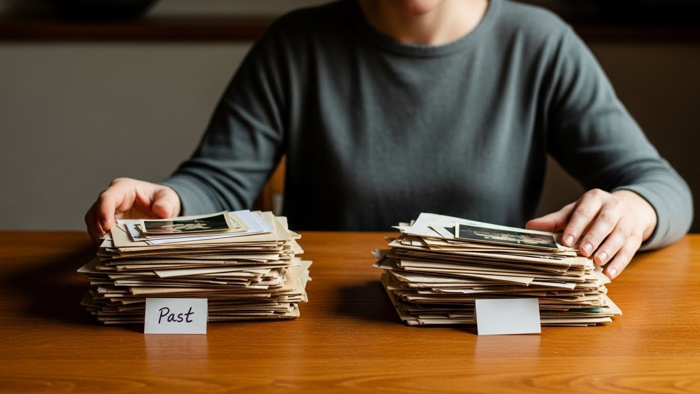 Pessoa separando pilhas de fotografias antigas rotuladas como passado, simbolizando o processo de distinguir emoções próprias de memórias emocionais familiares acumuladas. Pessoa separando pilhas de fotografias antigas rotuladas como passado, simbolizando o processo de distinguir emoções próprias de memórias emocionais familiares acumuladas.