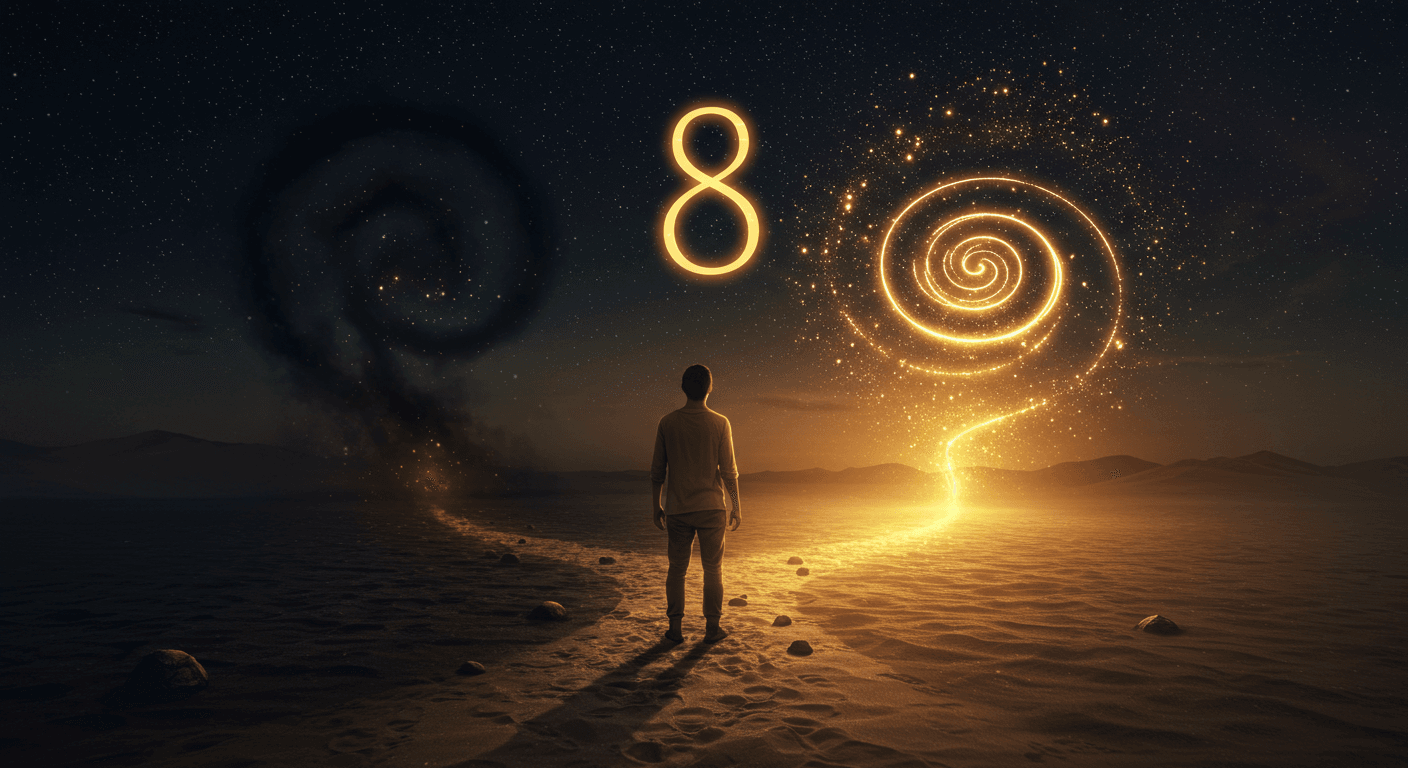 Pessoa em pé diante de dois caminhos no deserto cósmico, com o número 8 brilhando no céu. Simboliza escolhas, transformação interior e reprogramação durante o portal 08/08.