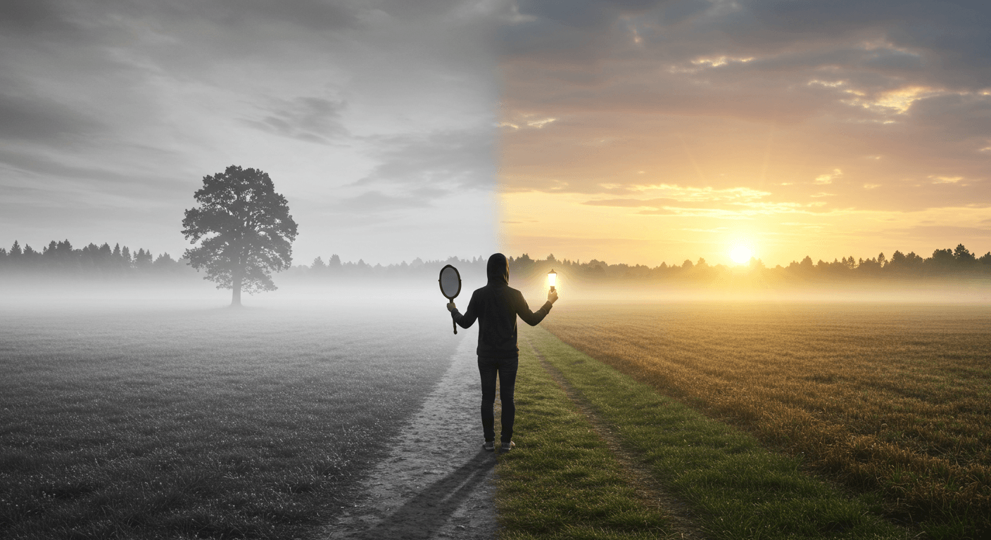 Pessoa em encruzilhada entre um campo escuro e outro iluminado, segurando um espelho e uma luz, simbolizando escolha e transformação da identidade. Pessoa em encruzilhada entre um campo escuro e outro iluminado, segurando um espelho e uma luz, simbolizando escolha e transformação da identidade.