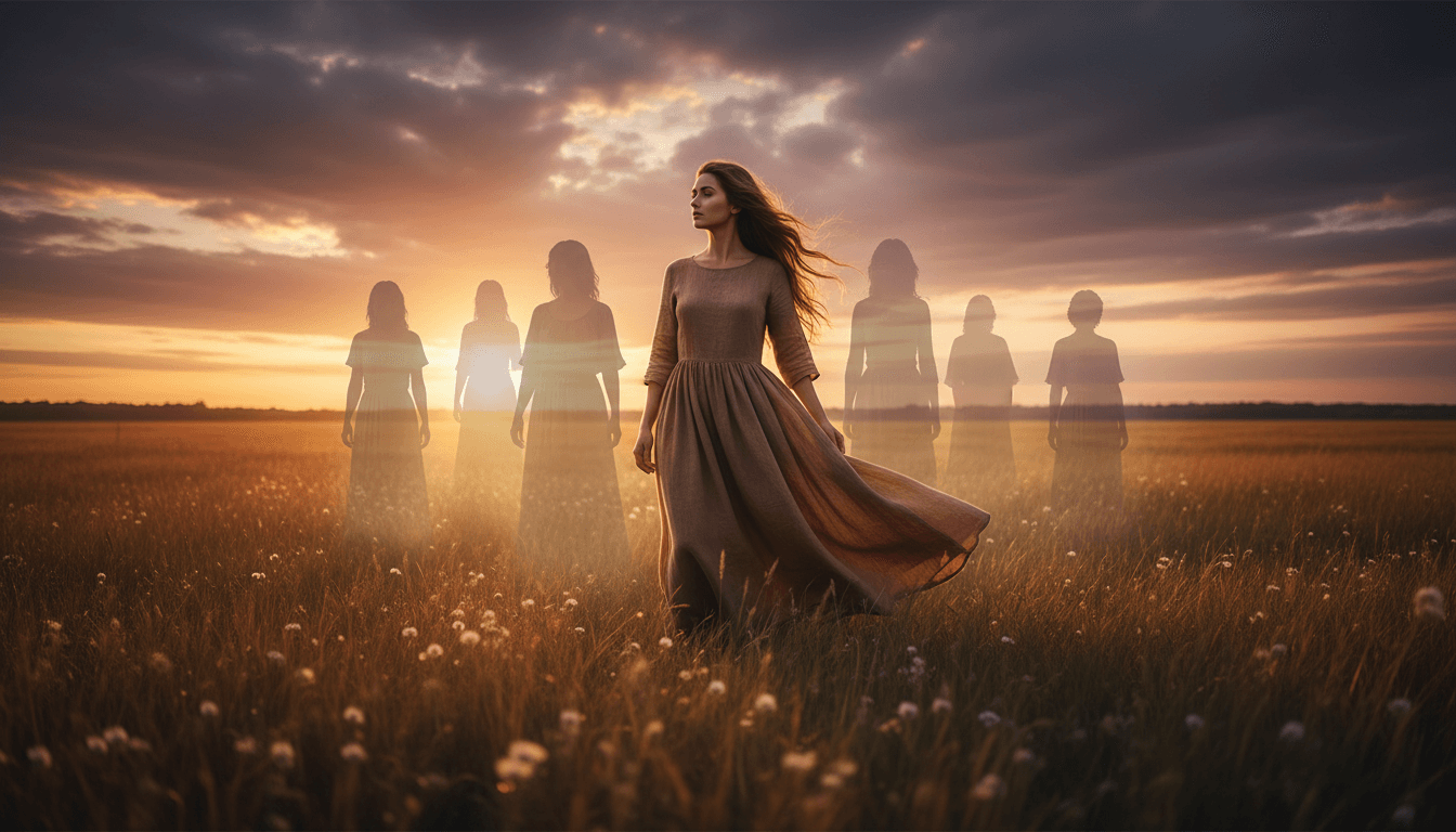 Mulher em campo ao pôr do sol com figuras femininas translúcidas ao fundo, conectadas por fios de luz, simbolizando ancestralidade e lealdades familiares invisíveis.