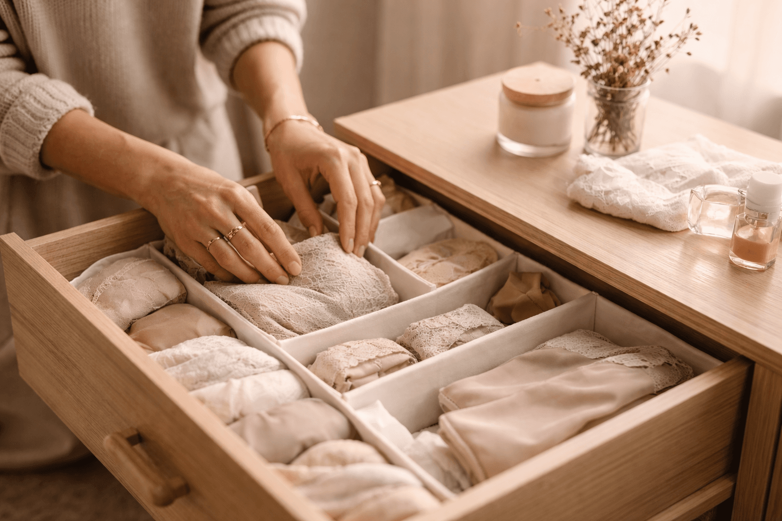 Mãos femininas organizando roupas íntimas dobradas em uma gaveta de madeira, com tecidos claros e delicados, ambiente aconchegante e elementos de autocuidado ao redor.