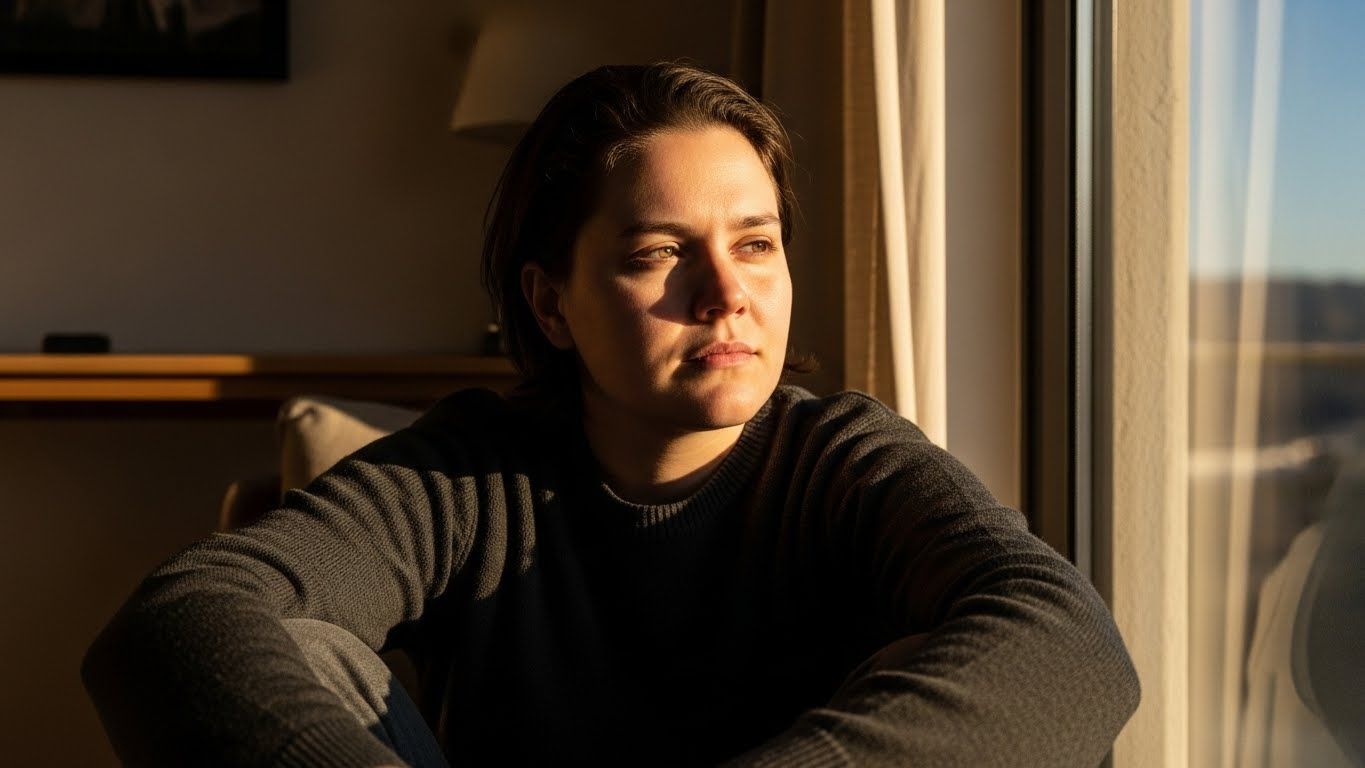 Mulher sentada perto de uma janela, iluminada pela luz do amanhecer, olhando para fora com expressão reflexiva, em um ambiente calmo e minimalista, transmitindo introspecção e clareza mental.