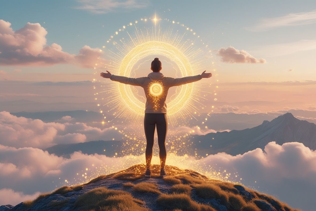 Pessoa de braços abertos no topo de uma montanha ao nascer do sol, cercada por um campo dourado de energia, simbolizando manifestação e conexão com o universo.