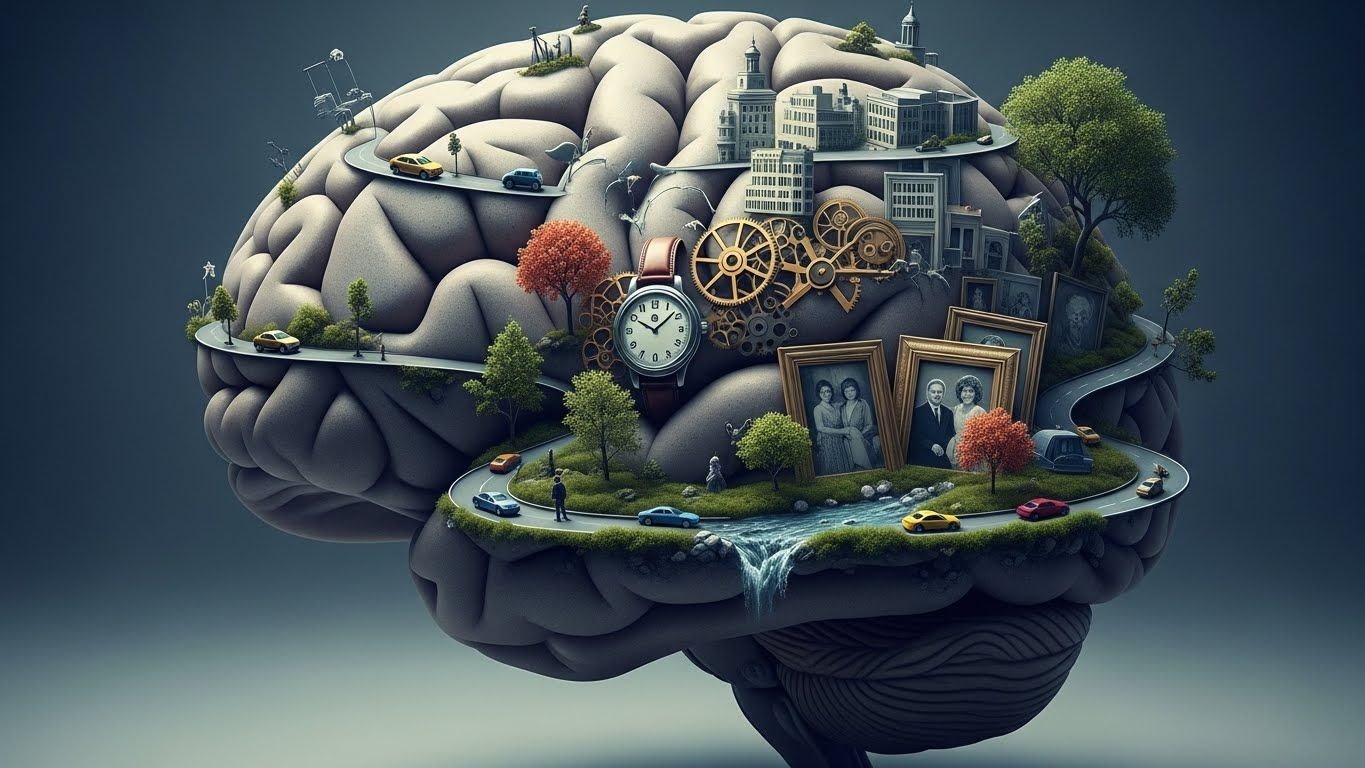 Cérebro em formato tridimensional com estradas, relógio, engrenagens, prédios e fotos antigas integrados, simbolizando a influência do tempo, ambiente e experiências na tomada de decisões.
