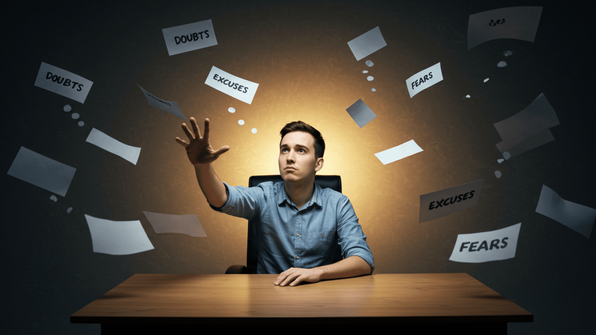Pessoa diante de pensamentos flutuantes representando dúvidas e medos, tentando avançar enquanto lida com a autossabotagem emocional. Pessoa diante de pensamentos flutuantes representando dúvidas e medos, tentando avançar enquanto lida com a autossabotagem emocional.