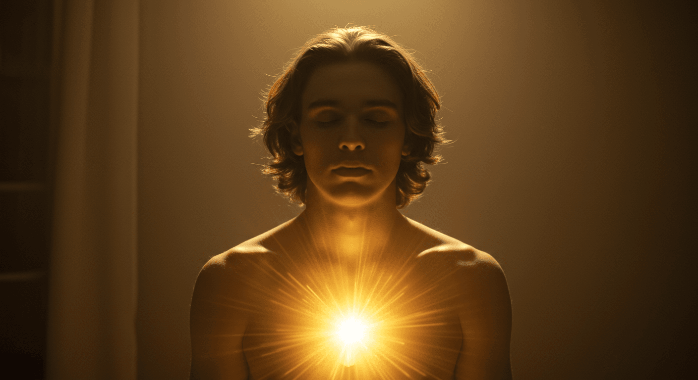 Pessoa de olhos fechados com feixe de luz dourada brilhando no centro do peito, simbolizando conexão entre corpo e alma.