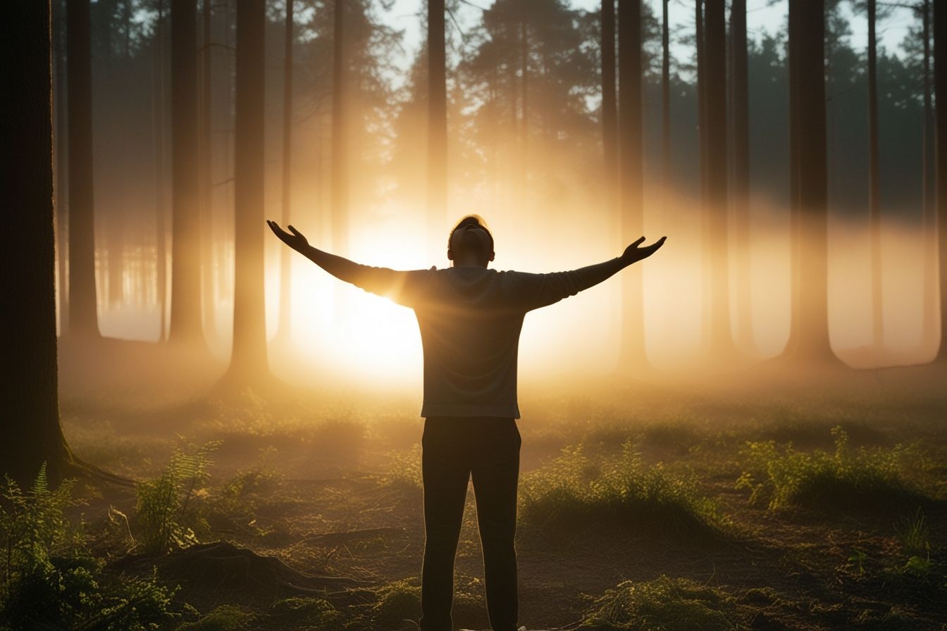 Pessoa de braços abertos em uma floresta ao nascer do sol, simbolizando despertar interior, libertação emocional e início de um novo ciclo de cura e consciência. Pessoa de braços abertos em uma floresta ao nascer do sol, simbolizando despertar interior, libertação emocional e início de um novo ciclo de cura e consciência.