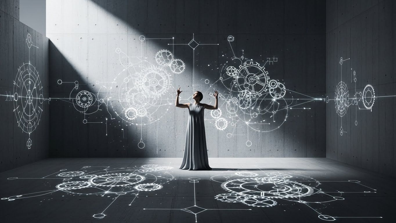 Pessoa em pé dentro de um espaço minimalista interagindo com engrenagens e diagramas luminosos no ar, representando consciência, entendimento do próprio sistema mental e possibilidade de ajuste interno.