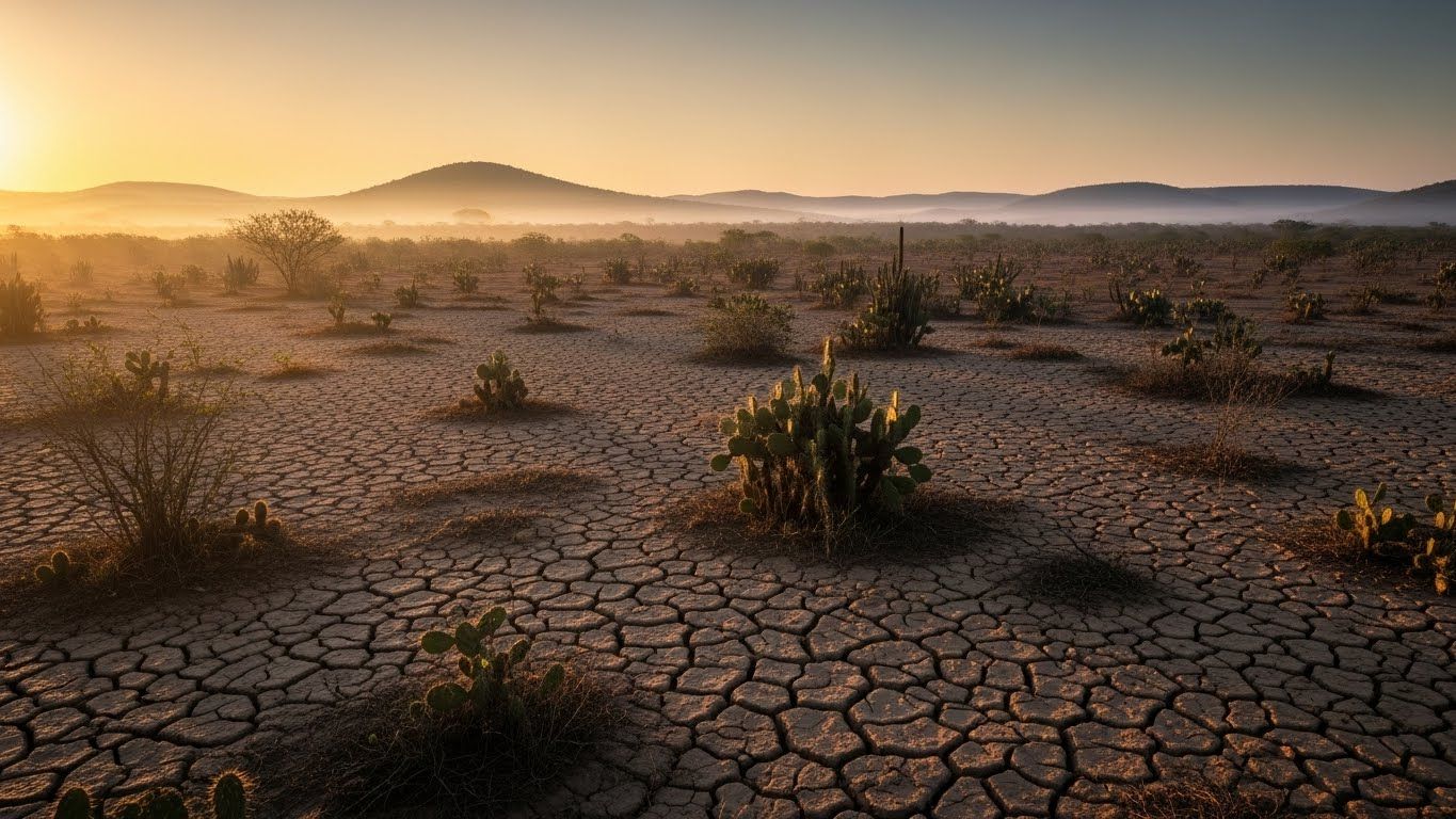 Paisagem do sertão brasileiro ao amanhecer, solo rachado pela seca, cactos espalhados e vegetação baixa, com colinas ao fundo sob luz dourada suave. Paisagem do sertão brasileiro ao amanhecer, solo rachado pela seca, cactos espalhados e vegetação baixa, com colinas ao fundo sob luz dourada suave.