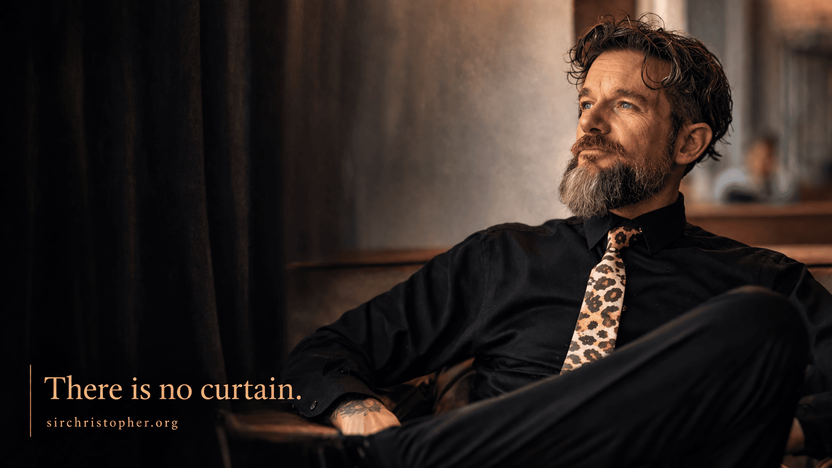 Portrait of relationship coach Sir Christopher seated beside a curtain with the phrase “There is no curtain,” representing transparency, power dynamics, and conscious relationship work. Portrait of relationship coach Sir Christopher seated beside a curtain with the phrase “There is no curtain,” representing transparency, power dynamics, and conscious relationship work.