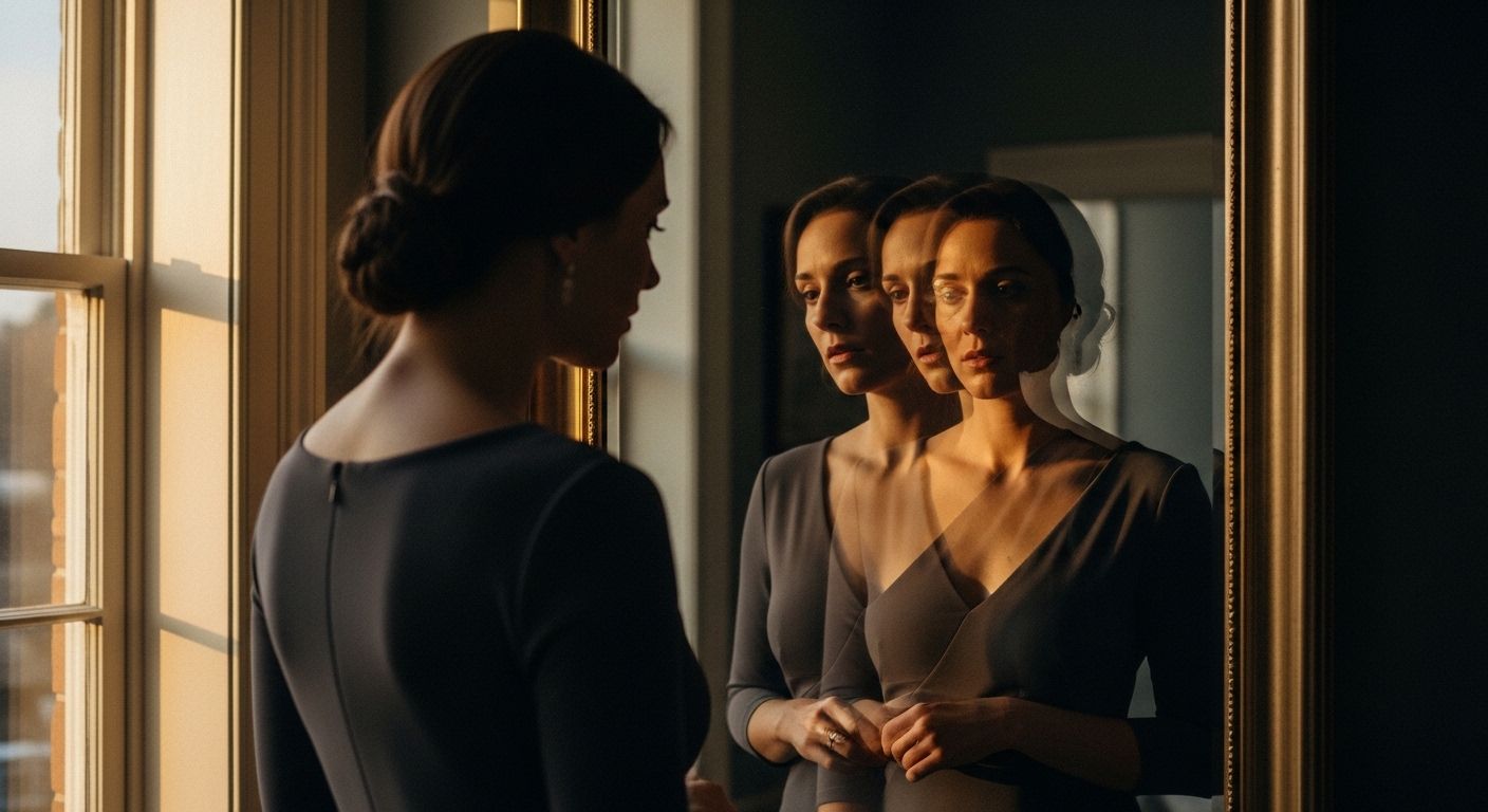 Mulher em pé diante de um espelho ao entardecer, com reflexos múltiplos do próprio rosto, iluminada por luz dourada lateral que cria atmosfera introspectiva.