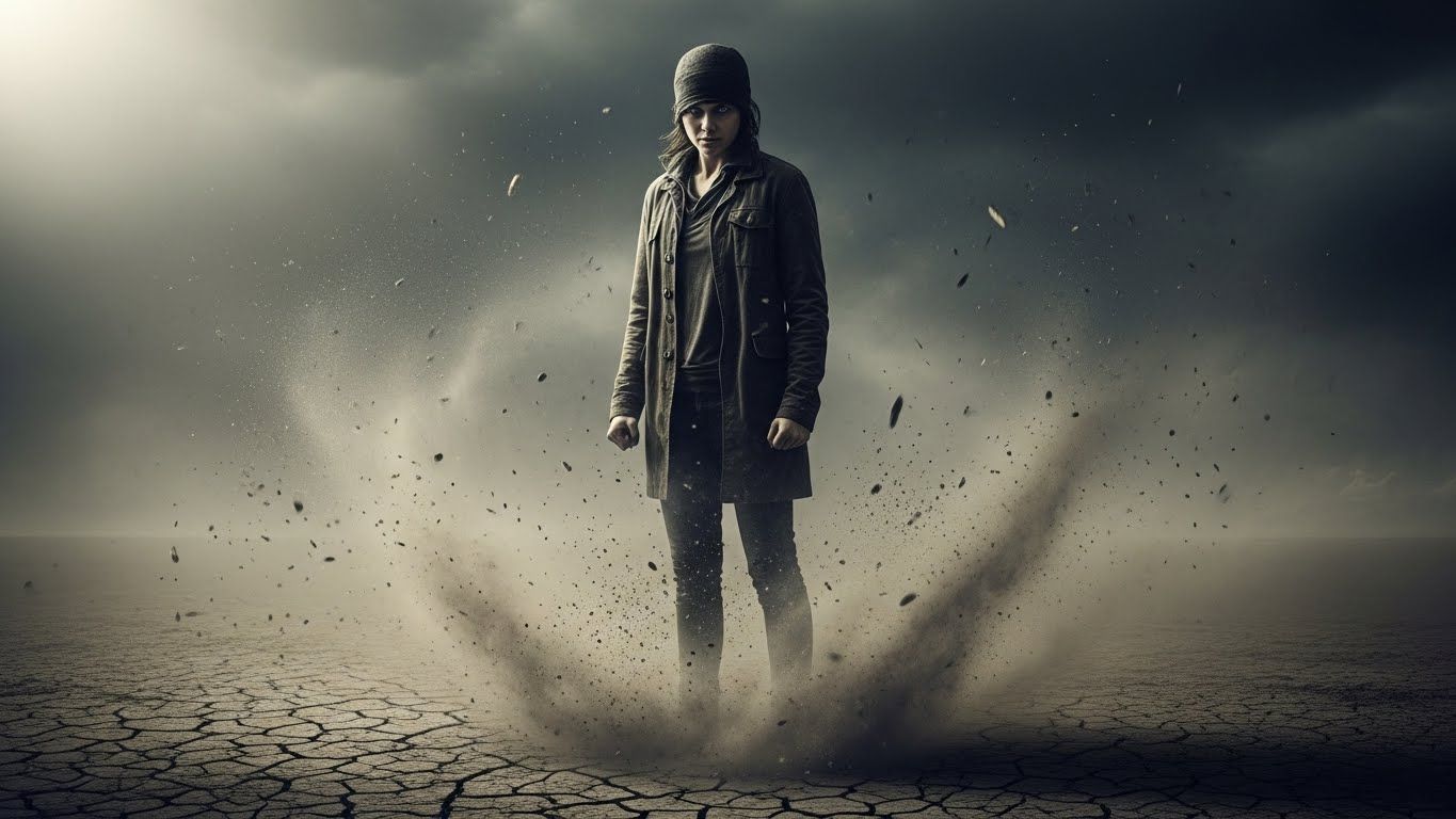 Pessoa em pé sobre chão rachado, com expressão firme, enquanto a poeira sobe ao redor, simbolizando a força da raiva quando não é reprimida, mas canalizada.