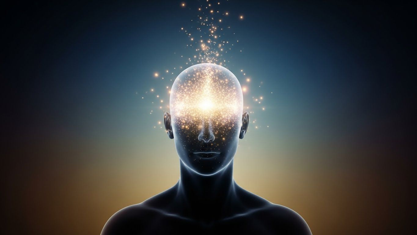 Silhueta humana com a cabeça iluminada por partículas de luz, simbolizando organização dos pensamentos, foco mental e expansão da consciência em um cenário abstrato e suave.
